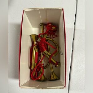 Brass Festive Gold and Red Holiday Horn Ornaments